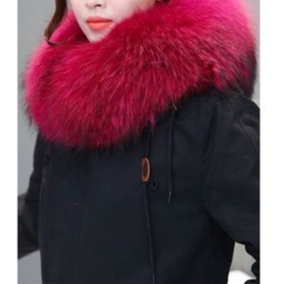 Burgundy Fox/Raccoon Fur Hooded Canvas Coat - Picture 3 of 6